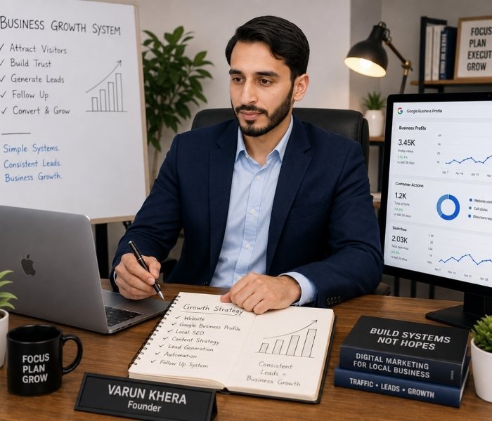 Professional digital growth consultant working at a modern office desk with business strategy notes, Google Business analytics dashboard, and local business growth planning setup designed to help local businesses generate leads and improve online visibility.