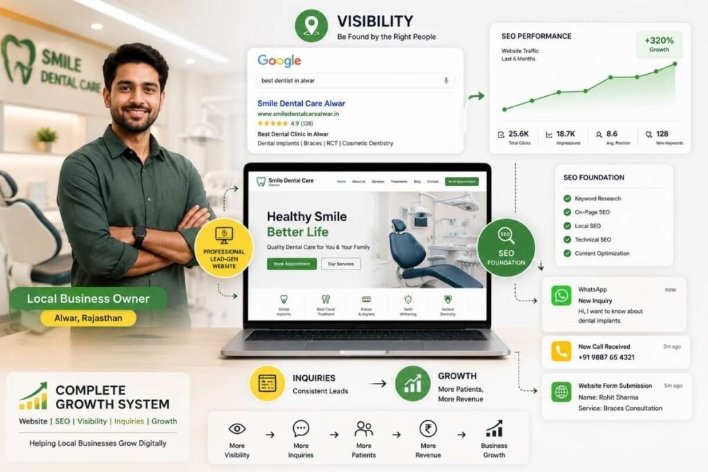 Dentist lead generation system showing local SEO, dental clinic website, Google search visibility, customer inquiries, and business growth strategy in Alwar Rajasthan