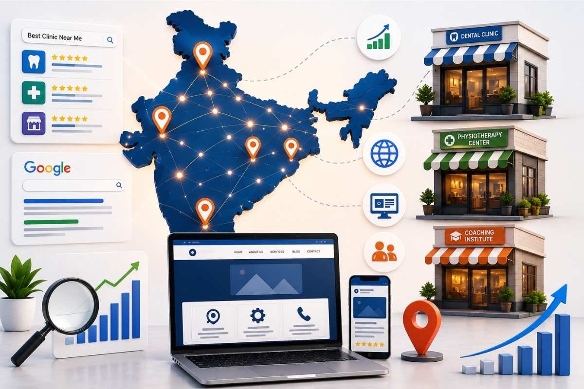 India map connected with local businesses, websites, Google search visibility, local SEO, customer inquiries, and business growth systems for local businesses in Alwar Rajasthan and across India