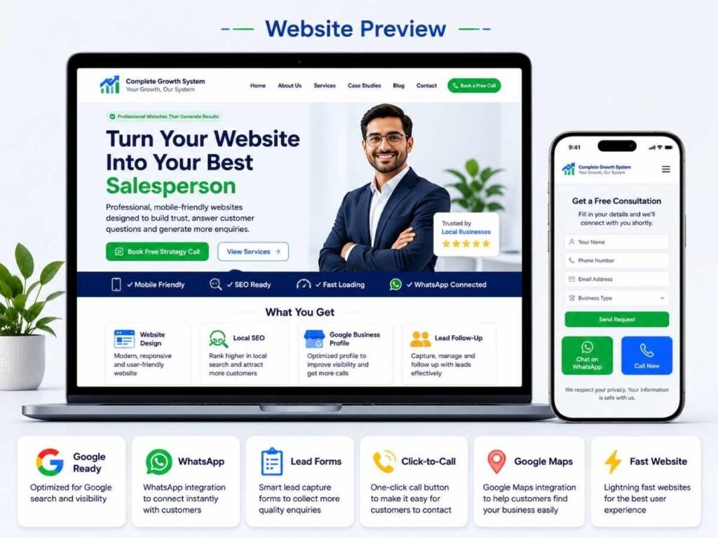 Website preview showing a lead-generating WordPress website with Local SEO, Google Business Profile optimization, WhatsApp integration, lead capture forms, click-to-call and Google Maps features for doctors, dentists, clinics, consultants and local service businesses in Alwar.