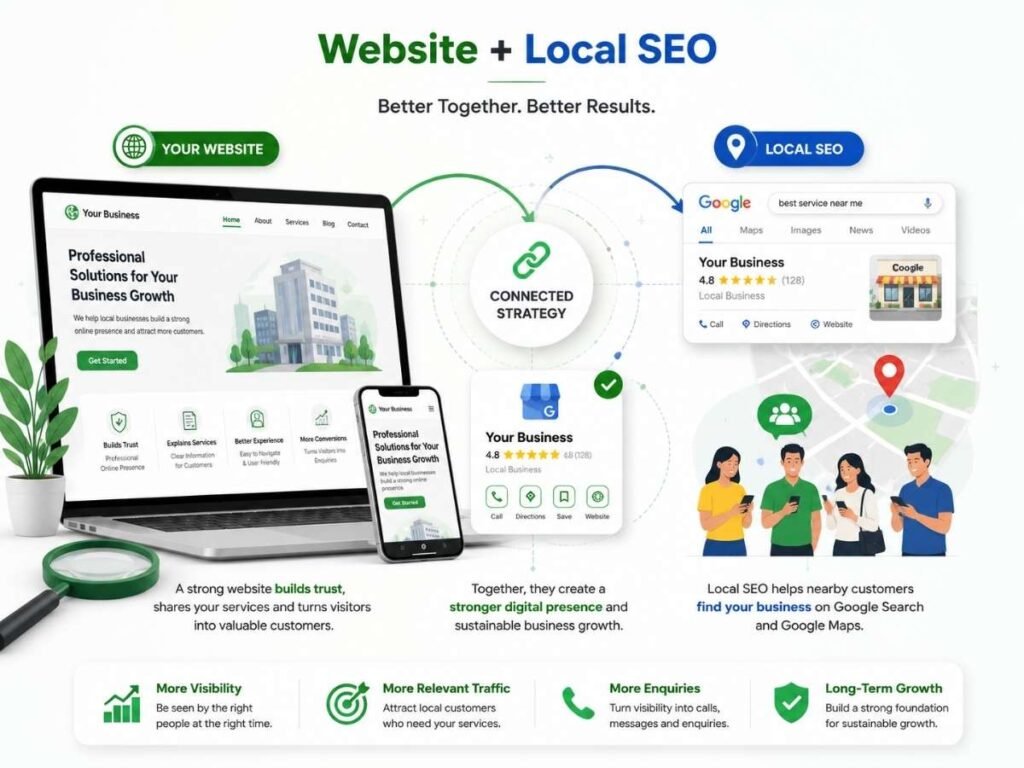 Illustration showing how a professional website and Local SEO work together to improve Google Search visibility, Google Maps presence and online growth for local businesses in Alwar, Rajasthan through Complete Growth System.