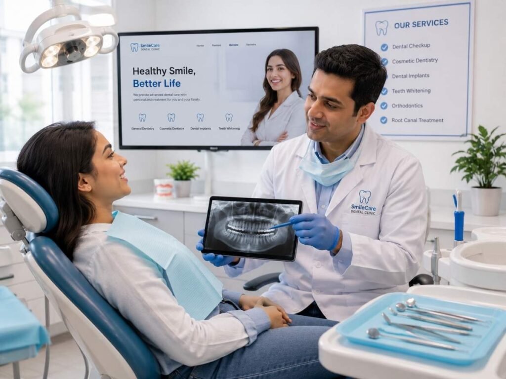 Dentist consulting with a patient in a modern dental clinic, demonstrating a professional WordPress website experience designed to build trust, improve local Google visibility and generate more patient enquiries.