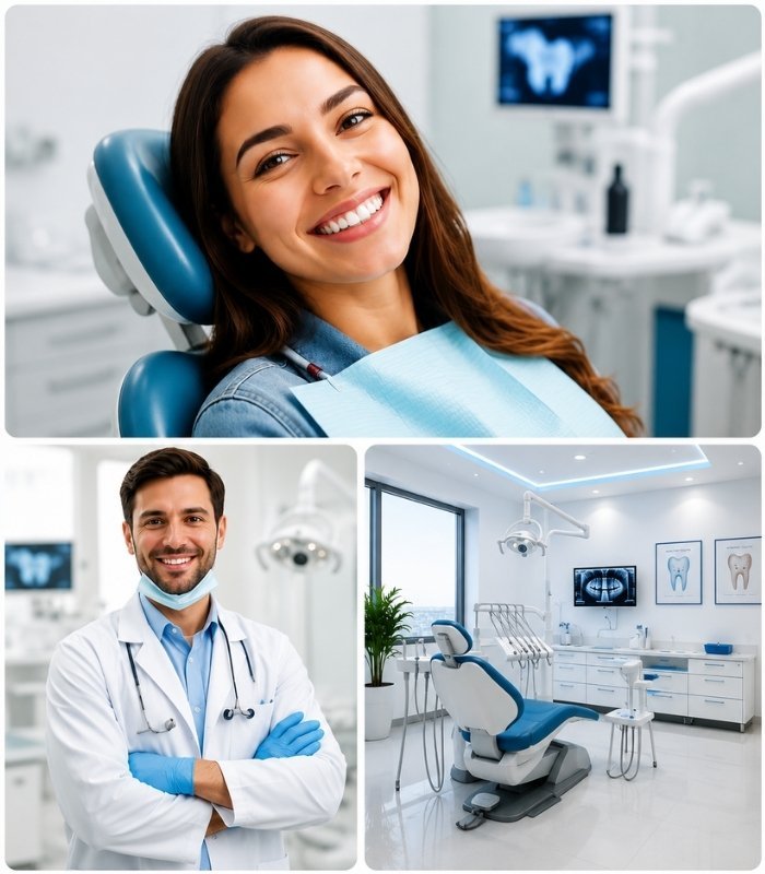 Smiling dental patient with professional dentist and modern dental clinic interior.