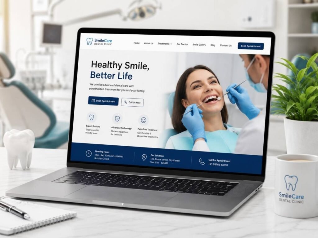 Laptop displaying a professional WordPress website for a dental clinic designed to help dentists build trust, improve local Google visibility and generate more patient enquiries in Alwar, Rajasthan.