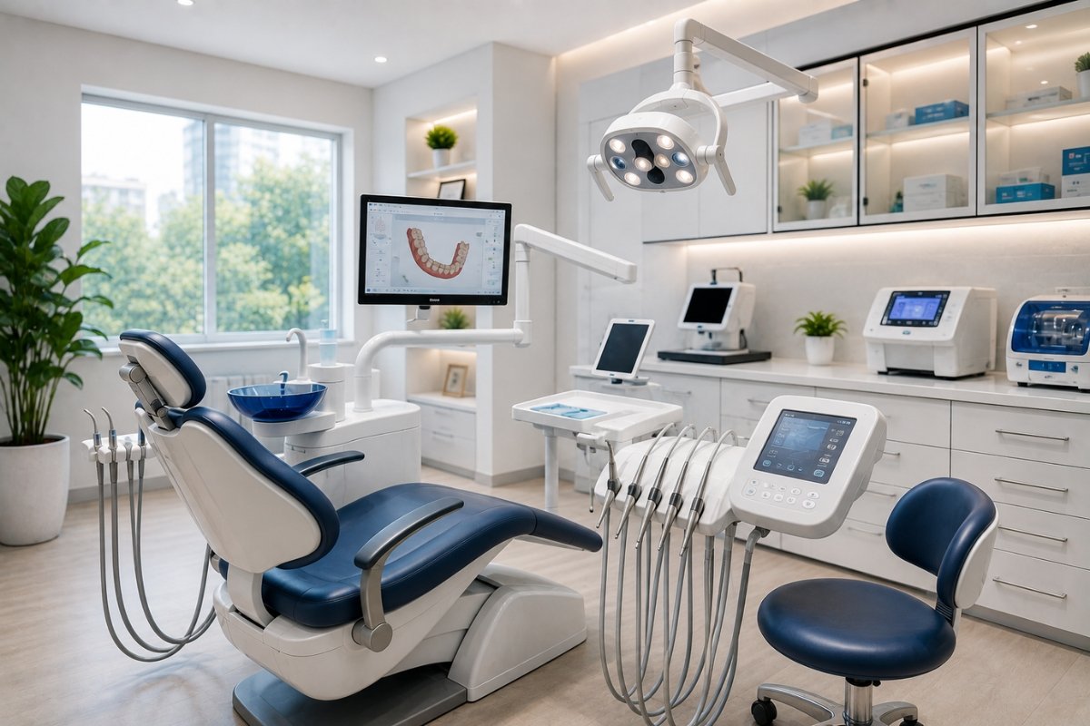 Modern dental treatment room with advanced equipment and an organized clinical setup.