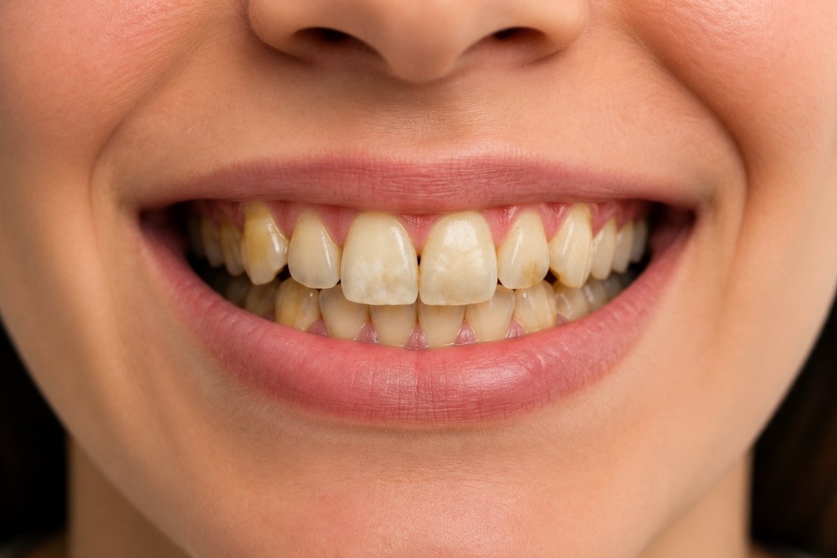 Before smile makeover example showing stained and slightly misaligned teeth before cosmetic dental treatment in a modern dental clinic.