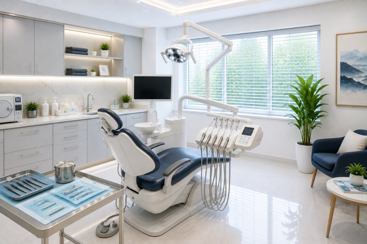 Clean and hygienic dental treatment area with organized instruments and modern equipment.