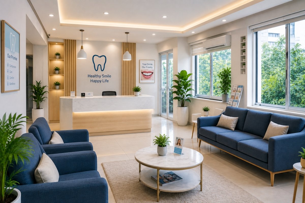 Comfortable dental clinic waiting area with clean seating and bright interior.