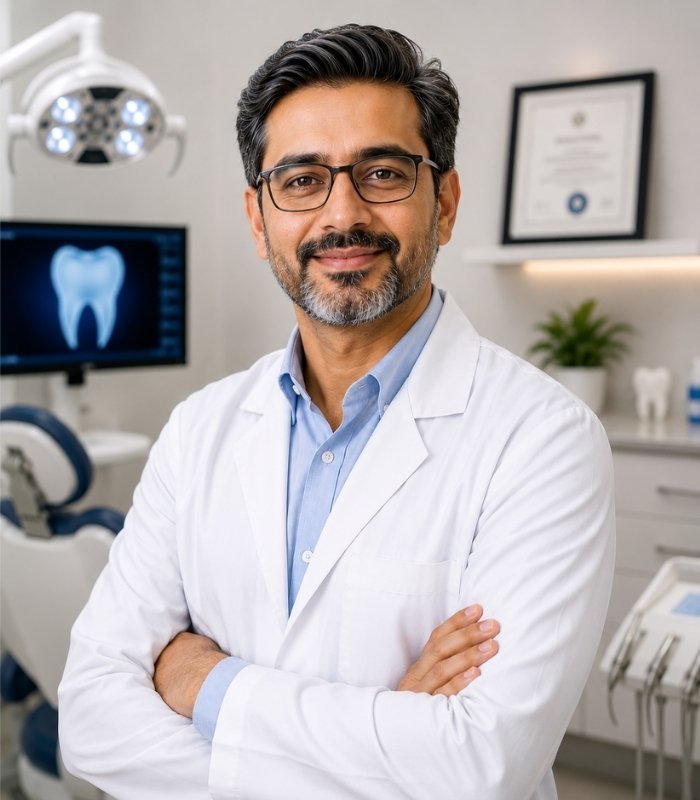 Professional male dentist in a modern dental clinic.
