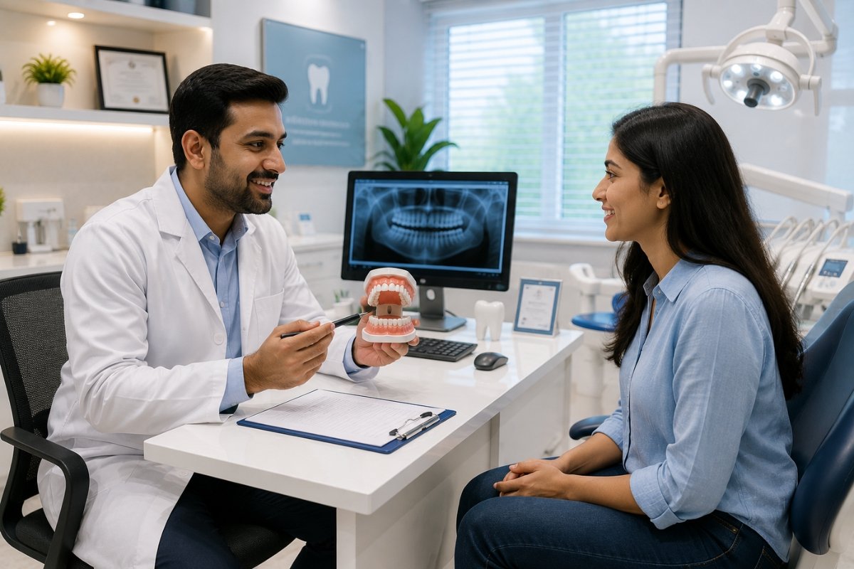 Dentist consulting with a patient in a modern dental clinic.
