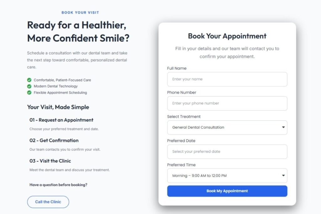 Appointment booking page on a professional WordPress website designed for dental clinics to make it easy for patients to request a consultation in Alwar, Rajasthan.
