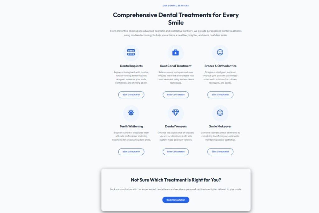 Dental treatment page on a professional WordPress website showing clear treatment information designed for dentists and dental clinics in Alwar, Rajasthan.