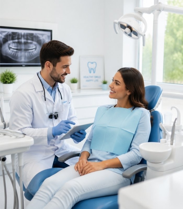 Experienced dentist consulting a smiling patient in a modern dental clinic in Alwar Rajasthan.
