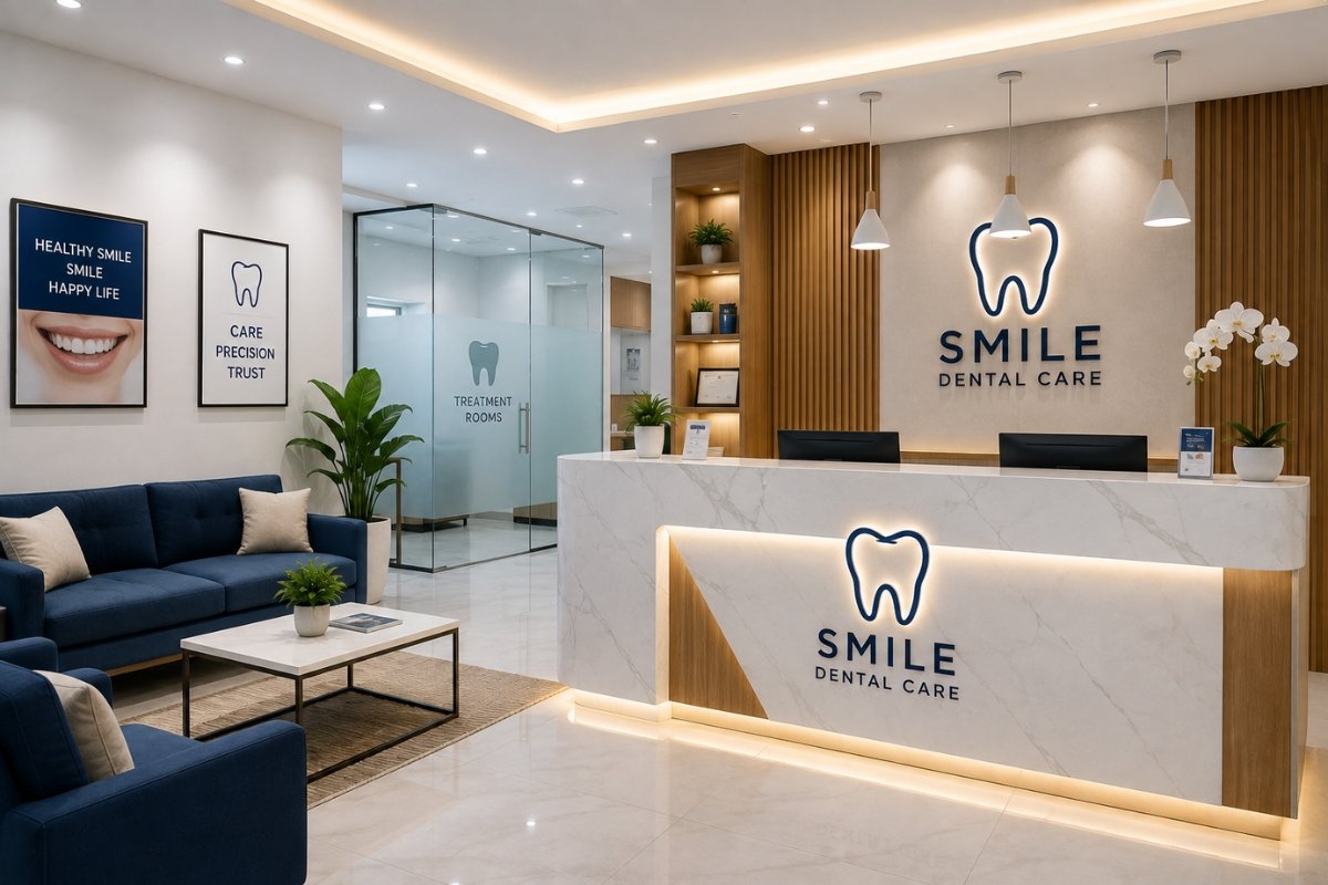 Modern dental clinic reception with a clean and comfortable patient waiting area.