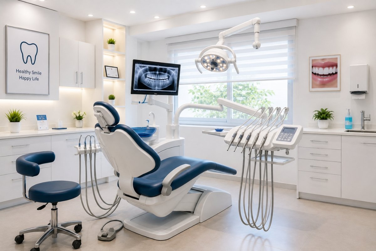 Modern dental treatment room with a clean dental chair, overhead light, and professional equipment.
