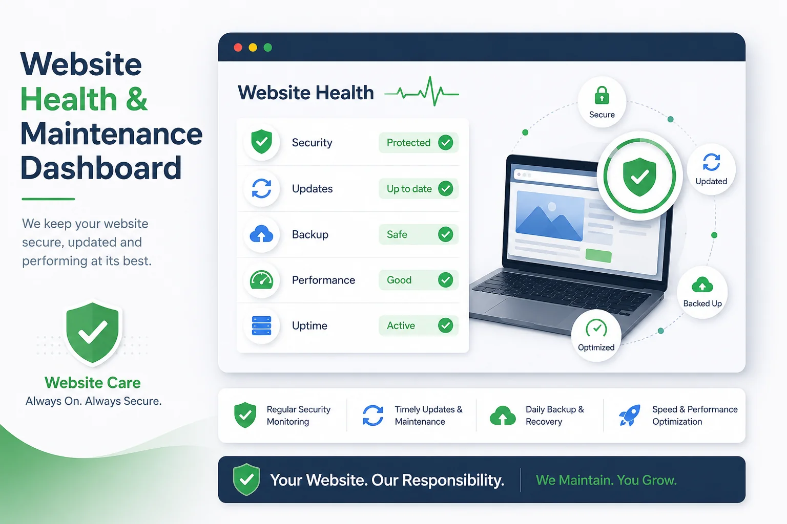 Website health and maintenance dashboard showing security, updates, backup, performance and uptime