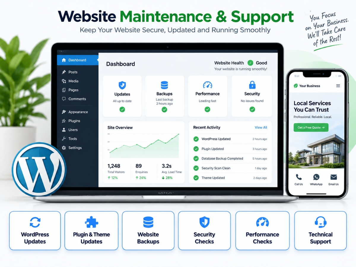 Website maintenance services for small businesses with WordPress updates, backups and technical support