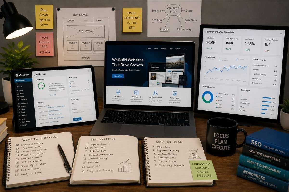 WordPress website development, SEO analytics, website wireframes, keyword research, and content planning workspace used for building and optimizing websites for local businesses in Alwar Rajasthan