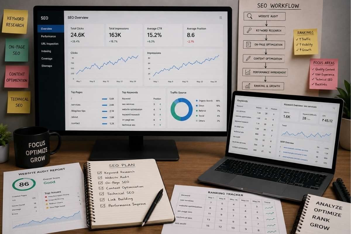 SEO dashboard, keyword research analysis, website audit reports, search ranking tracking, and website optimization workflow for local business growth in Alwar Rajasthan